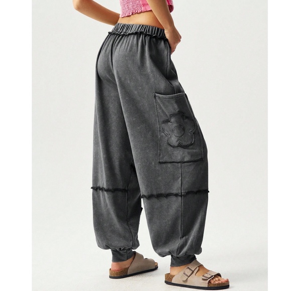 Boho Cotton Black Flower Patch Stretchy Waist Joggers Pants - Picture 2 of 6